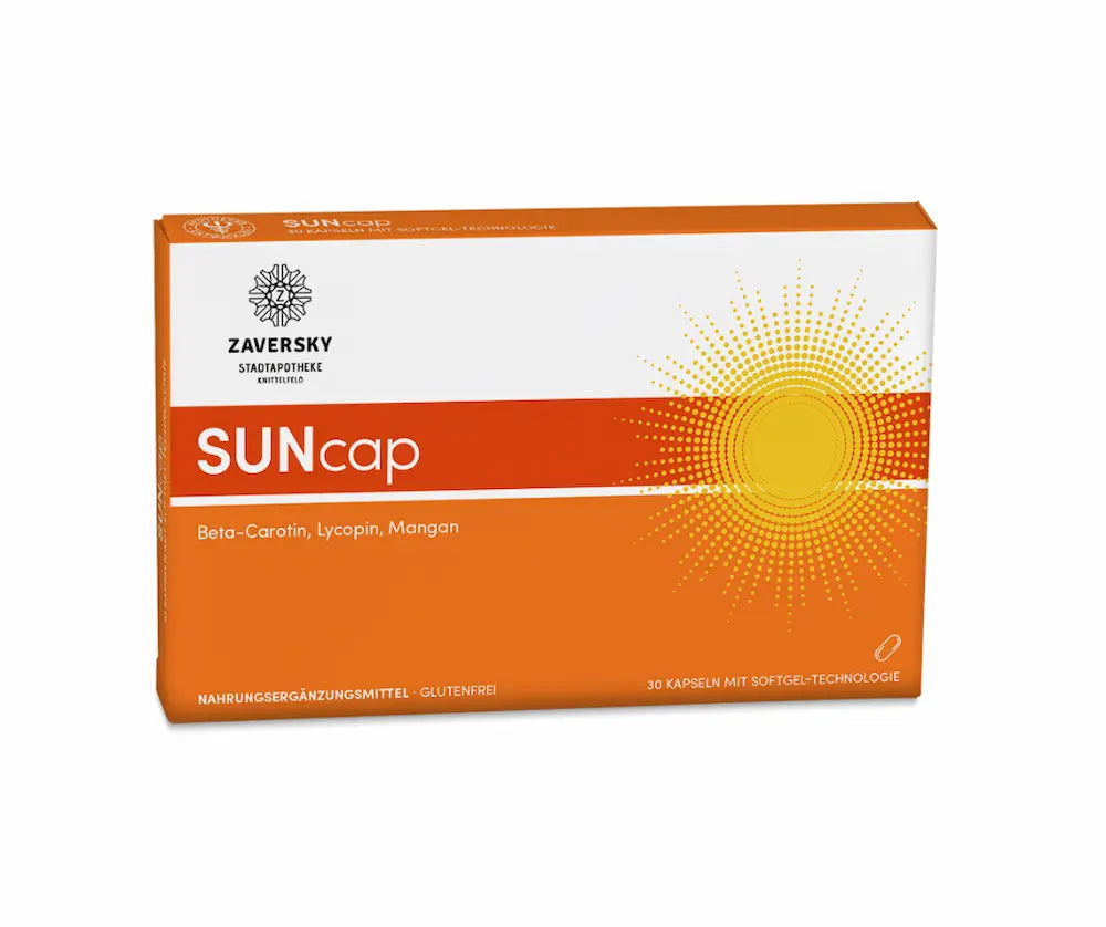 SUNcap Faltschachtel in Orange mit Sonnenmotiv, 30 Kapseln mit Softgel-Technologie, Beta-Carotin, Lycopin und Mangan, Zaversky Stadtapotheke Knittelfeld