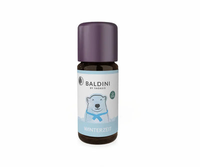 Baldini by Taoasis Winterzeit Bio-Aroma in brauner Tropfenflasche mit lila Deckel, Etikett mit Eisbär-Motiv und Bio-Siegel