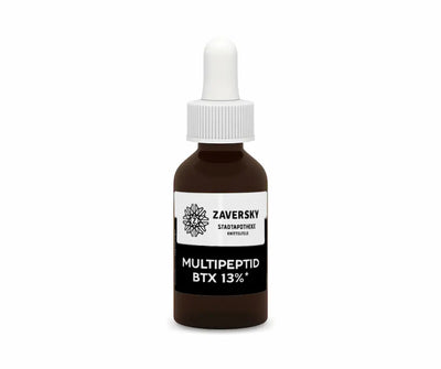 Braune Tropfenflasche Zaversky Multipeptid BTX 13% mit weißer Pipette und schwarz-weißem Etikett, Vorderansicht