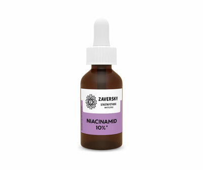 Zaversky Niacinamid 10% Serum in brauner Glasflasche mit weißer Pipette, weiß-violettes Etikett, Vorderansicht
