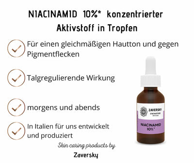 Zaversky Niacinamid 10% Aktivstoff in Tropfen, Braunglasflasche mit Pipette, Infografik zu gleichmäßigem Hautton, Talgregulierung und Anwendung