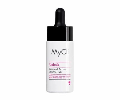 MyCli Unlock Renewal Active Concentrate in weißer Tropfflasche mit schwarzer Pipette, 37,5 % Glycolic Acid, Lactobionic Acid und Pyruvic Acid