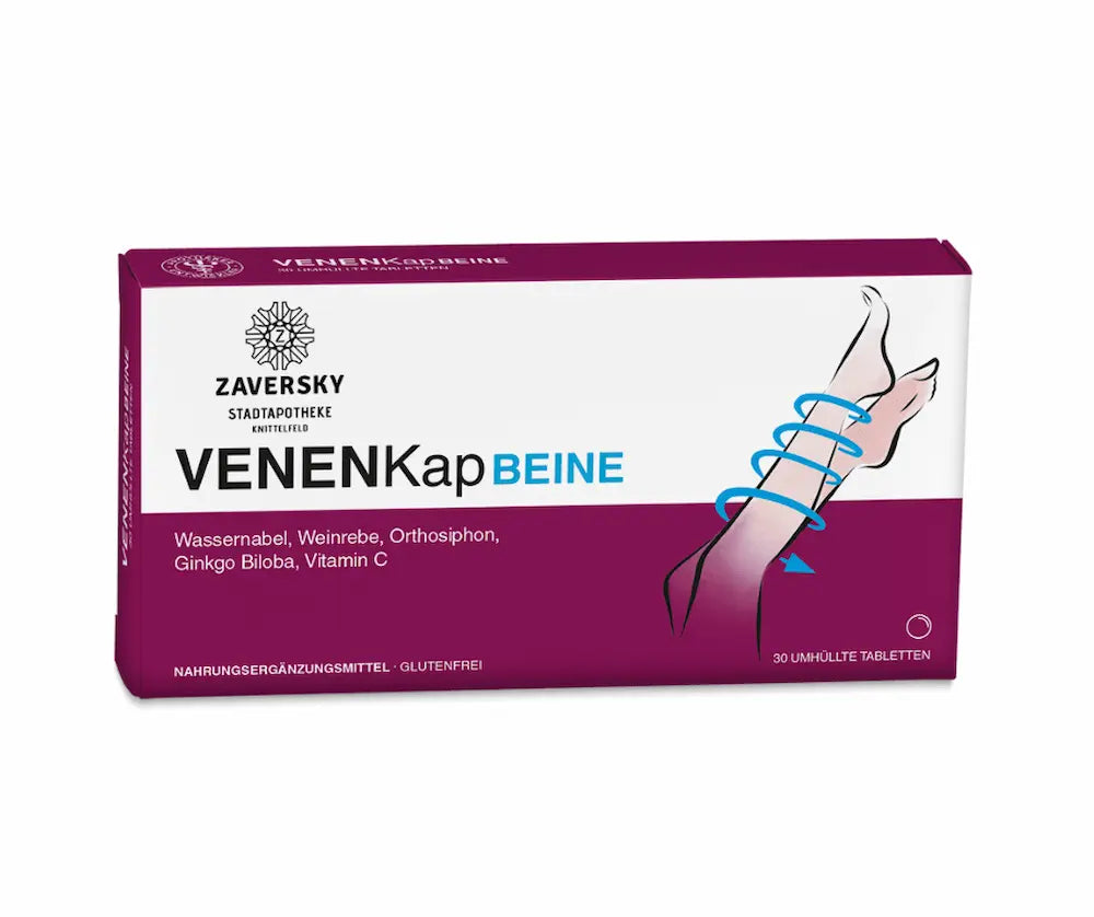 VENENKap BEINE Verpackung der Zaversky Stadtapotheke Knittelfeld in Weiß und Violett mit 30 umhüllten Tabletten