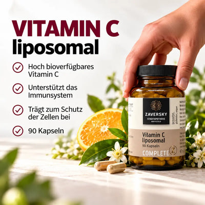 KI generiert - Complete Z Vitamin C liposomal, braunes Glas mit 90 Kapseln neben Orange und Blüten, Infografik zu Immunsystem und Zellschutz