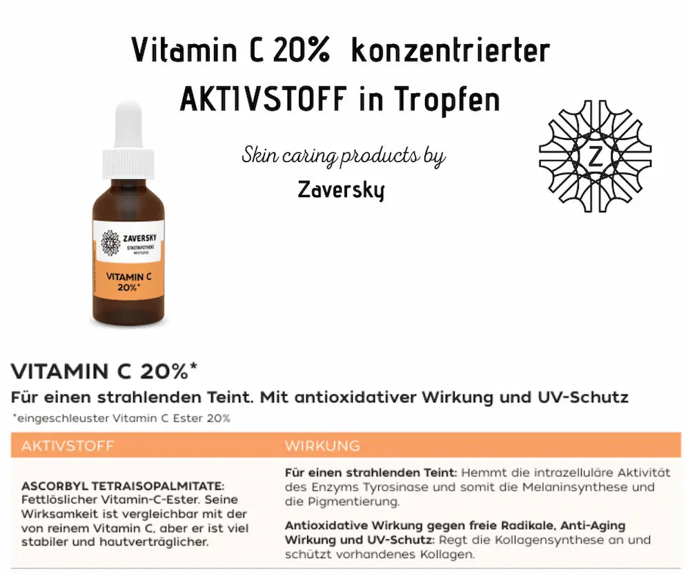 Vitamin C 20% Tropfen von Zaversky, Infografik mit Braunglasflasche, Aktivstoff Ascorbyl Tetraisopalmitate und Wirkungstabelle