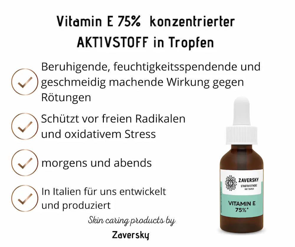 Infografik zu Vitamin E 75% AKTIVSTOFF in Tropfen von Zaversky mit Braunglas-Pipettenflasche und vier Nutzen-Punkten zur Hautpflege