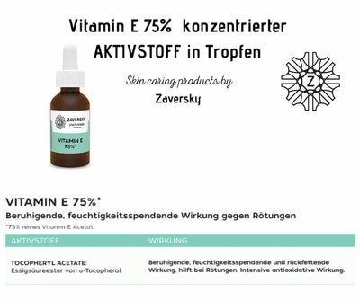 Vitamin E 75% Tropfen von Zaversky, braune Pipettenflasche mit Wirkstofftabelle zu Tocopheryl Acetat gegen Rötungen
