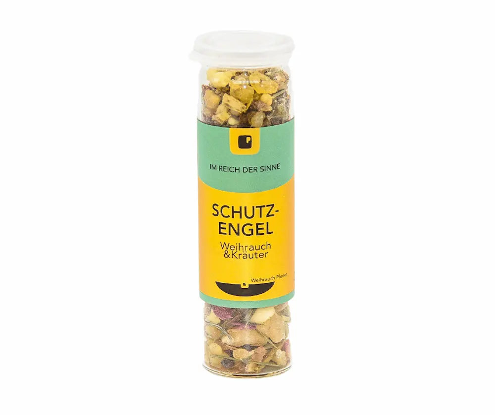 Glasdose Schutz-Engel Weihrauch & Kräuter mit weißem Deckel, gefüllt mit Weihrauchharz und Kräutermischung, gelb-grünes Etikett