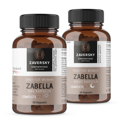 Zwei braune Glasflaschen Zaversky Zabella Complete Day Kapseln mit 30 Stück und Night Kapseln mit 60 Stück, Vorderansicht