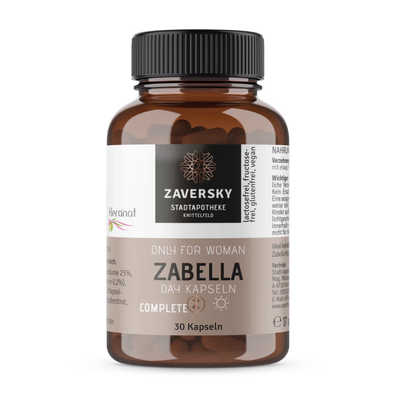 Zaversky Zabella Day Kapseln in brauner Glasflasche mit schwarzem Deckel, 30 Kapseln, lactosefrei, fructosefrei, glutenfrei, vegan