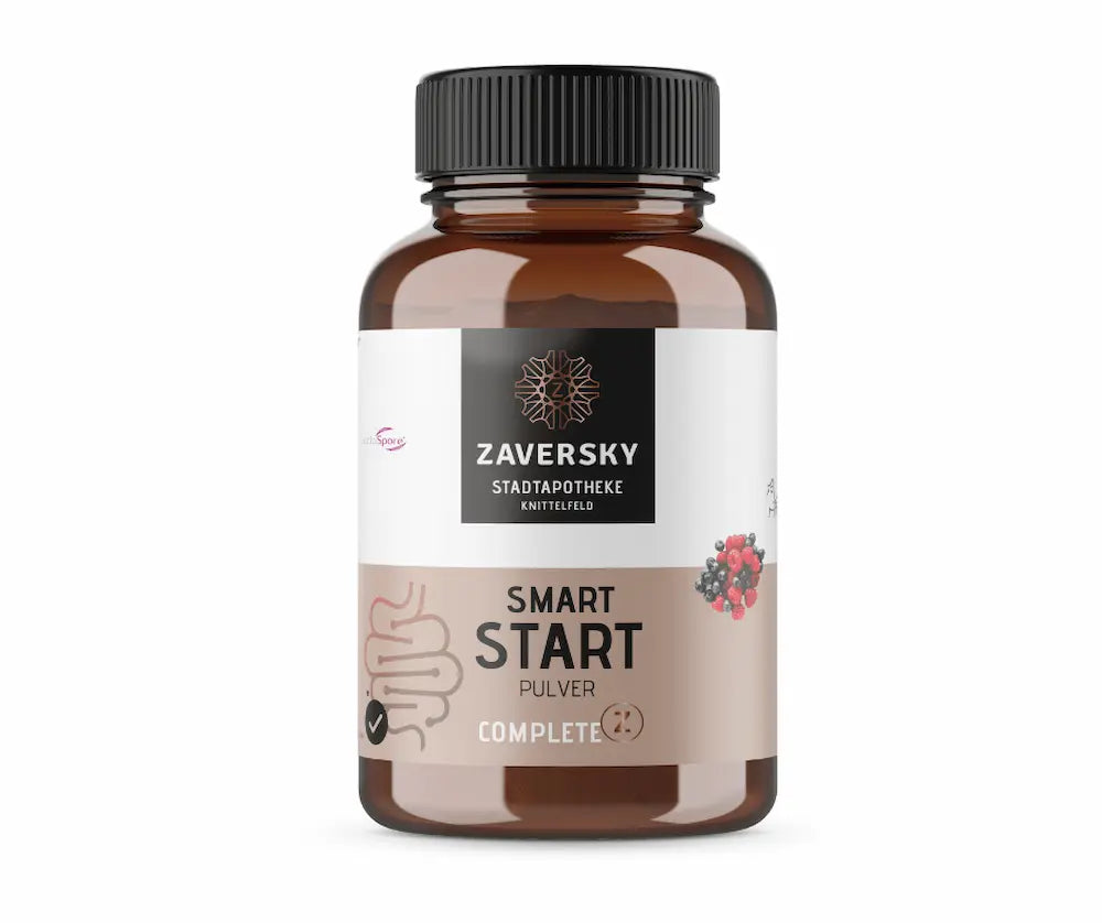Smart Start Pulver Complete von Zaversky Stadtapotheke Knittelfeld in Braunglasflasche mit Darm-Illustration und Beeren-Motiv