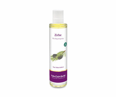 Taoasis Zirbe Bio Raumspray in transparenter Sprühflasche mit weiß-lila Etikett, Zirbenzweig-Motiv und Bio-Siegel, Vorderansicht
