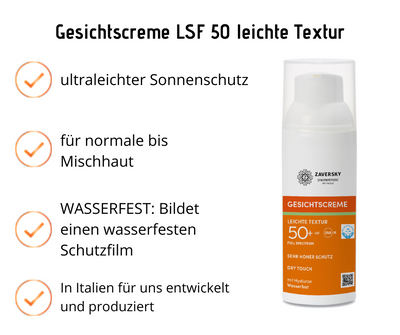 Gesichtscreme LSF 50 leichte Textur - mit Hyaluron, wasserfest, sehr hoher Schutz bei Apotheke Zaversky