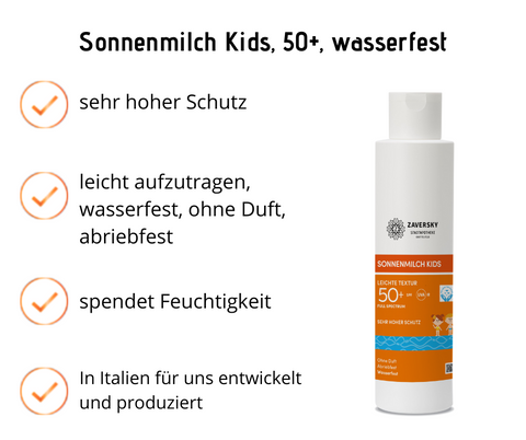 Sonnenmilch Kids - leichte Textur, sehr hoher Schutz, ohne Duft, abriebfest, wasserfest