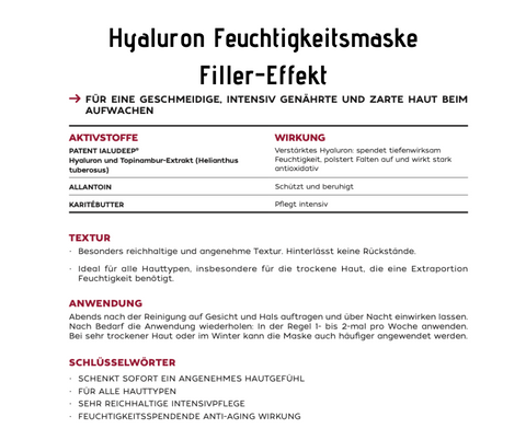 Hyaluron Feuchtigkeitsmaske - Filler- Effekt, Nachtpflege CareZ