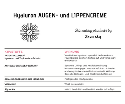 Hyaluron AUGEN- und LIPPENCREME - intensive Anti Aging- Wirkung CareZ bei Apotheke Zaversky