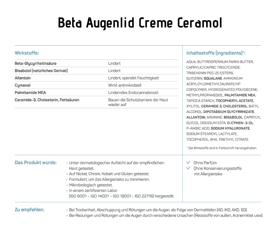 Augenlid Creme Beta - Ceramol - lindernde Pflege für gerötete Augenlider - Kosmetika - Apotheke Zaversky