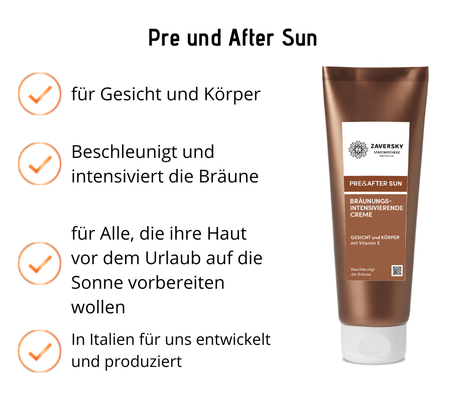 Bräunungsintensivierende Creme - Pre und After Sun - Beschleunigt und intensiviert die Bräune - Kosmetika - Apotheke Zaversky