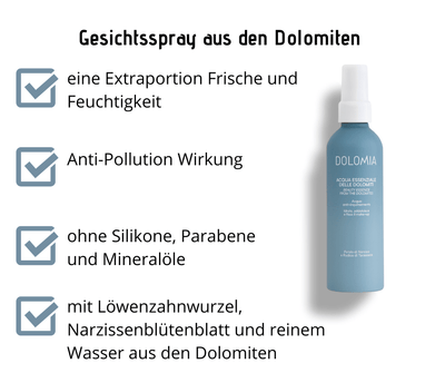 Gesichtsspray aus den Dolomiten - eine Extraportion Frische und Feuchtigkeit, Anti - Pollution Wirkung - Kosmetika - Apotheke Zaversky