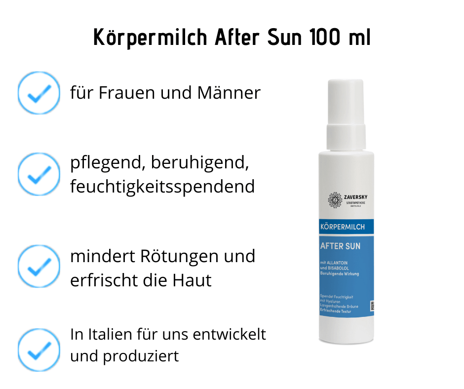 Körpermilch - After Sun beruhigend, spendet Feuchtigkeit, langanhaltende Bräune 100 ml - Kosmetika - Apotheke Zaversky