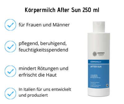Körpermilch - After Sun beruhigend, spendet Feuchtigkeit, langanhaltende Bräune 250 ml - Kosmetika - Apotheke Zaversky