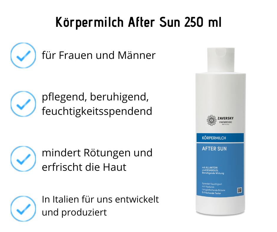 Körpermilch - After Sun beruhigend, spendet Feuchtigkeit, langanhaltende Bräune 250 ml - Kosmetika - Apotheke Zaversky