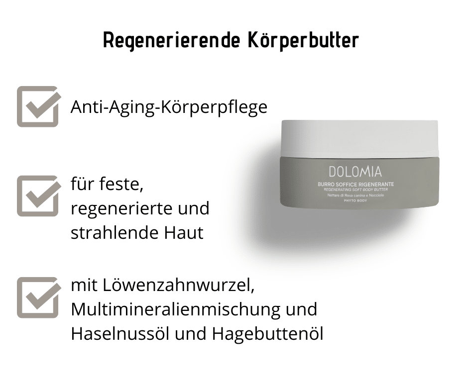 Regenerierende Körperbutter Dolomia - sehr reichhaltige, weiche Creme nährt die Haut tiefenwirksam und schenkt ihr neue Leuchtkraft - Kosmetika - Apotheke Zaversky
